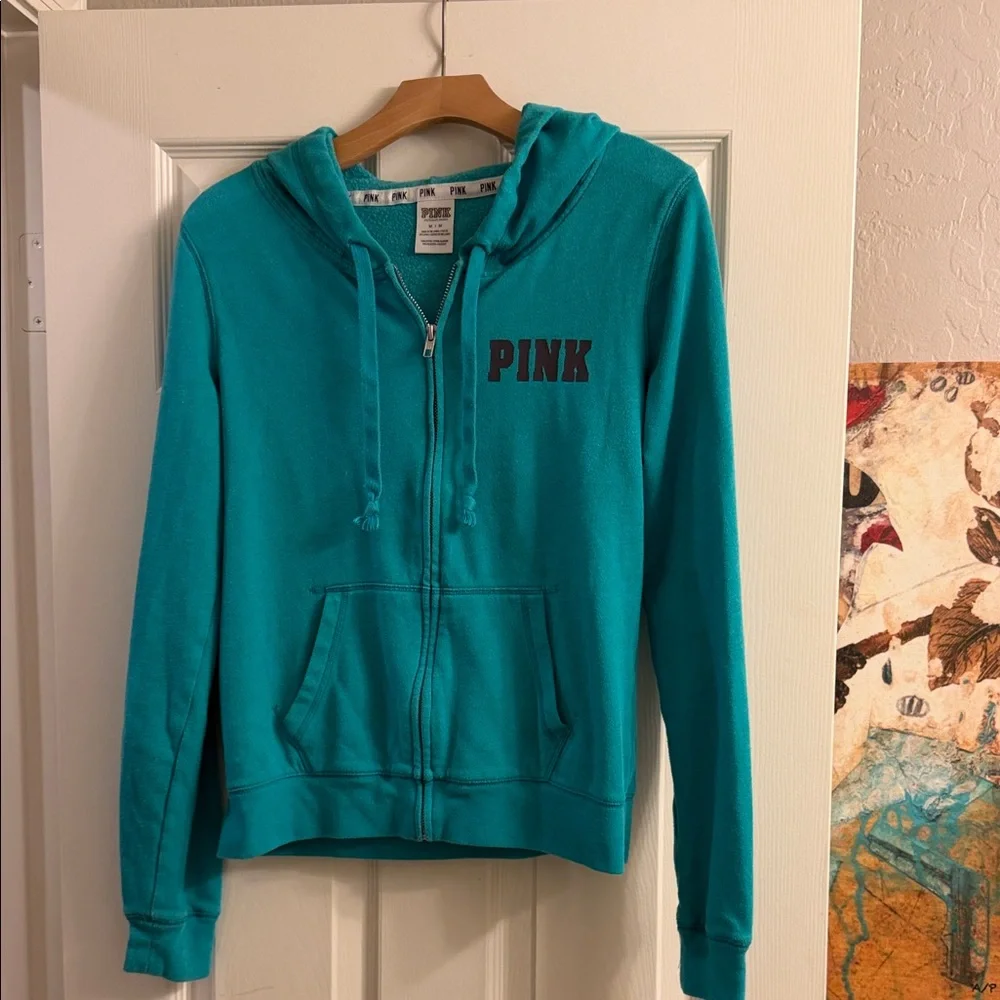Victoria's Secret PINK Teal Zip-Up Hoodie with Silver Zipper